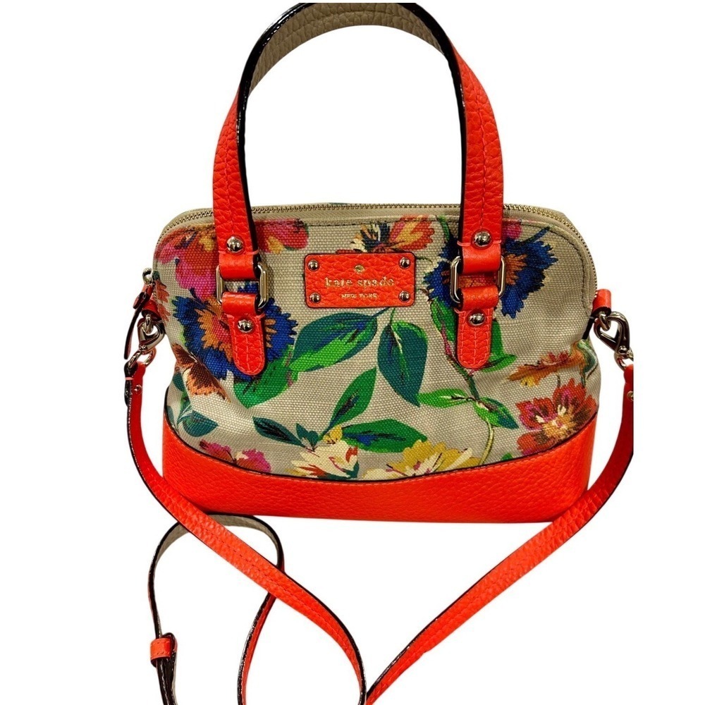 Vintage Kate Spade Grove Court 2012 Floral Canvas Orange Leather Satchel Bag - Picture 1 of 10